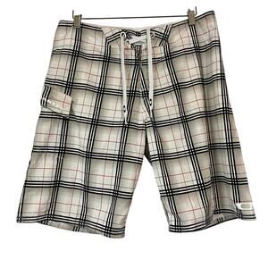 Oakley Men’s Plaid Board Shorts Swim Trunks White Black Red Size 34 EUC